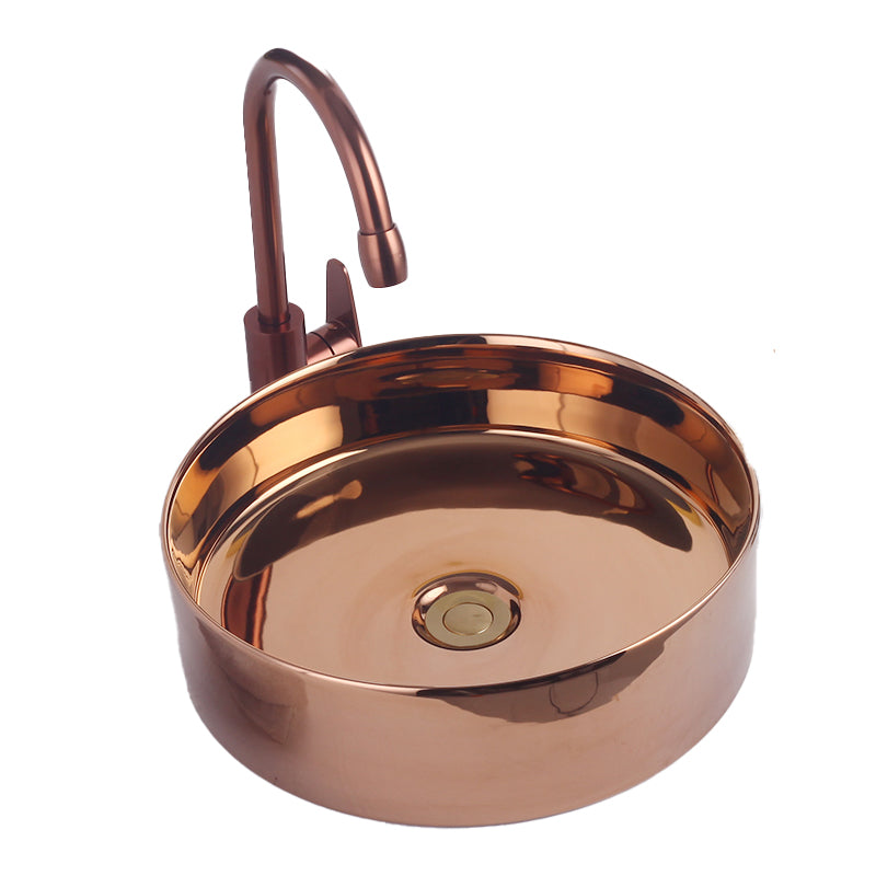 Round Bathroom Sink Contemporary Porcelain Trough Bathroom Sink 16"L x 16"W x 5"H Rose Gold Sink with Faucet Clearhalo 'Bathroom Remodel & Bathroom Fixtures' 'Bathroom Sinks & Faucet Components' 'Bathroom Sinks' 'bathroom_sink' 'Home Improvement' 'home_improvement' 'home_improvement_bathroom_sink' 7046494