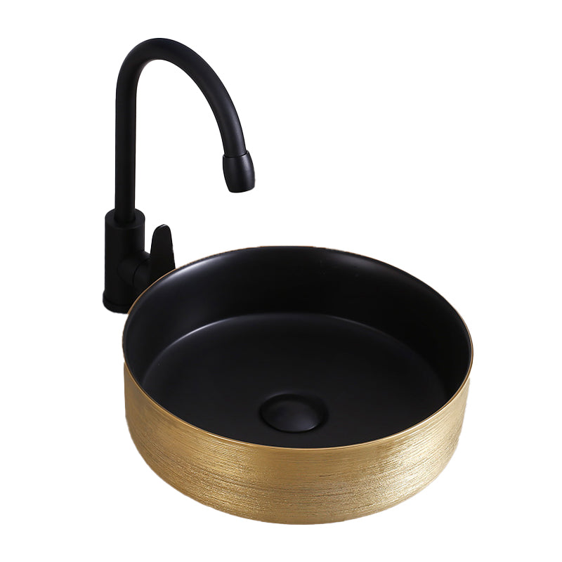 Round Bathroom Sink Contemporary Porcelain Trough Bathroom Sink 14"L x 14"W x 4"H Black Gold Sink with Faucet Clearhalo 'Bathroom Remodel & Bathroom Fixtures' 'Bathroom Sinks & Faucet Components' 'Bathroom Sinks' 'bathroom_sink' 'Home Improvement' 'home_improvement' 'home_improvement_bathroom_sink' 7046502