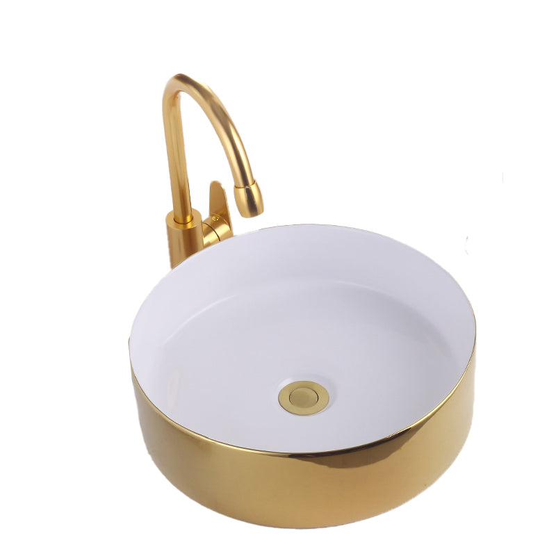 Round Bathroom Sink Contemporary Porcelain Trough Bathroom Sink 16"L x 16"W x 5"H White/ Gold Sink with Faucet Clearhalo 'Bathroom Remodel & Bathroom Fixtures' 'Bathroom Sinks & Faucet Components' 'Bathroom Sinks' 'bathroom_sink' 'Home Improvement' 'home_improvement' 'home_improvement_bathroom_sink' 7046506