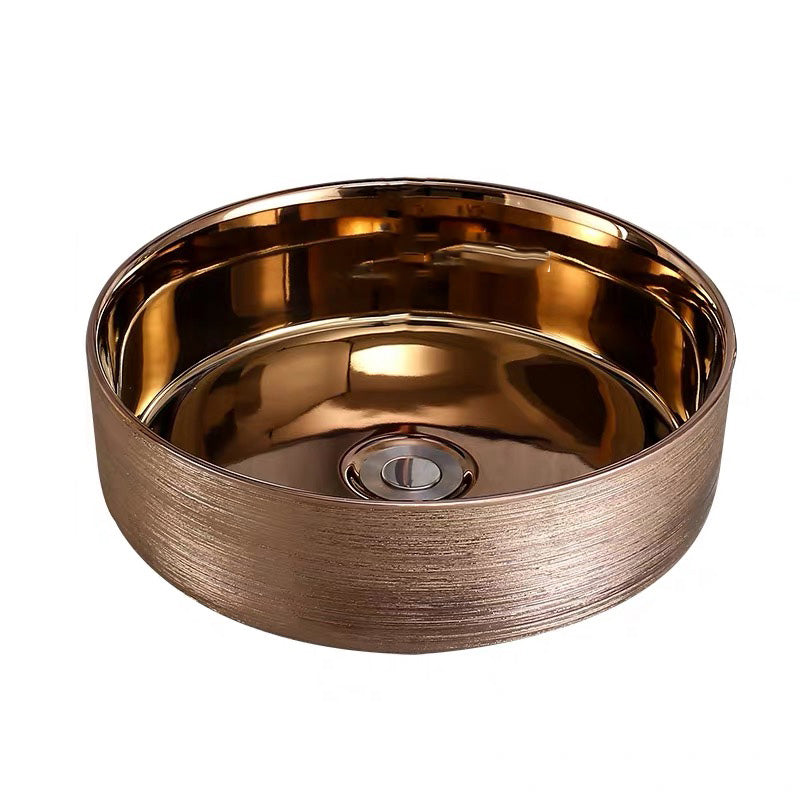 Round Bathroom Sink Contemporary Porcelain Trough Bathroom Sink 14"L x 14"W x 4"H Rose Gold Sink Clearhalo 'Bathroom Remodel & Bathroom Fixtures' 'Bathroom Sinks & Faucet Components' 'Bathroom Sinks' 'bathroom_sink' 'Home Improvement' 'home_improvement' 'home_improvement_bathroom_sink' 7046507