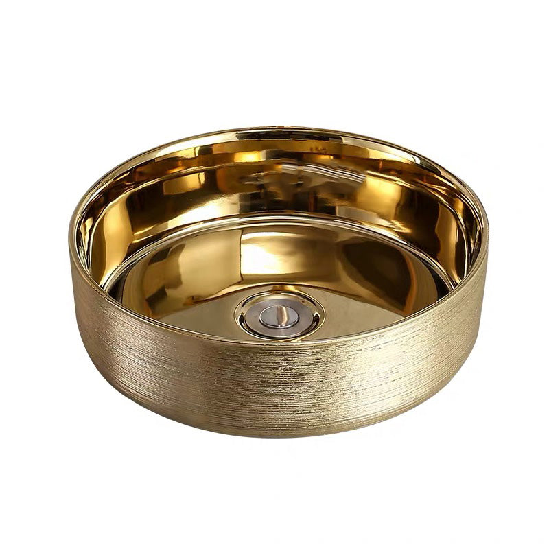 Round Bathroom Sink Contemporary Porcelain Trough Bathroom Sink 14"L x 14"W x 4"H Champagne Gold Sink Clearhalo 'Bathroom Remodel & Bathroom Fixtures' 'Bathroom Sinks & Faucet Components' 'Bathroom Sinks' 'bathroom_sink' 'Home Improvement' 'home_improvement' 'home_improvement_bathroom_sink' 7046508