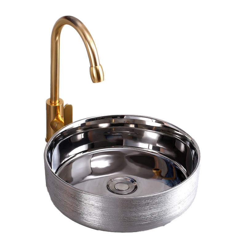 Round Bathroom Sink Contemporary Porcelain Trough Bathroom Sink 14"L x 14"W x 4"H Silver Sink with Faucet Clearhalo 'Bathroom Remodel & Bathroom Fixtures' 'Bathroom Sinks & Faucet Components' 'Bathroom Sinks' 'bathroom_sink' 'Home Improvement' 'home_improvement' 'home_improvement_bathroom_sink' 7046509