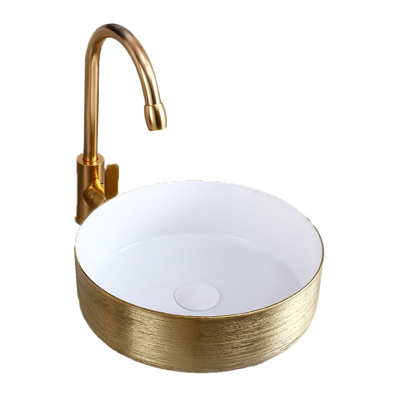 Round Bathroom Sink Contemporary Porcelain Trough Bathroom Sink 14"L x 14"W x 4"H White/ Gold Sink with Faucet Clearhalo 'Bathroom Remodel & Bathroom Fixtures' 'Bathroom Sinks & Faucet Components' 'Bathroom Sinks' 'bathroom_sink' 'Home Improvement' 'home_improvement' 'home_improvement_bathroom_sink' 7046510