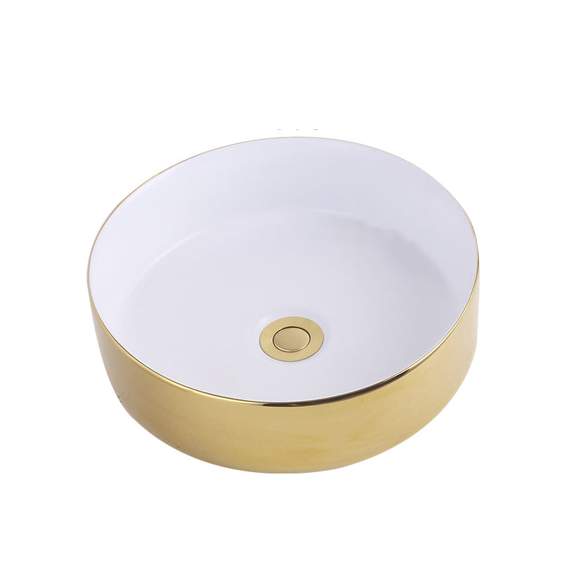 Round Bathroom Sink Contemporary Porcelain Trough Bathroom Sink 14"L x 14"W x 5"H White Gold Sink Clearhalo 'Bathroom Remodel & Bathroom Fixtures' 'Bathroom Sinks & Faucet Components' 'Bathroom Sinks' 'bathroom_sink' 'Home Improvement' 'home_improvement' 'home_improvement_bathroom_sink' 7046511