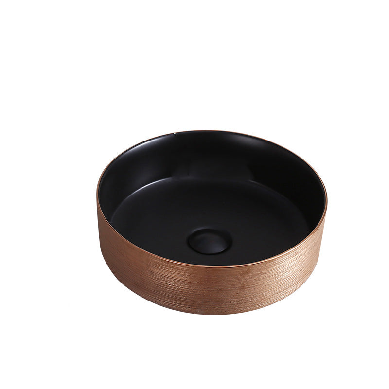 Round Bathroom Sink Contemporary Porcelain Trough Bathroom Sink 14"L x 14"W x 4"H Black-Rose Gold Sink Clearhalo 'Bathroom Remodel & Bathroom Fixtures' 'Bathroom Sinks & Faucet Components' 'Bathroom Sinks' 'bathroom_sink' 'Home Improvement' 'home_improvement' 'home_improvement_bathroom_sink' 7046513