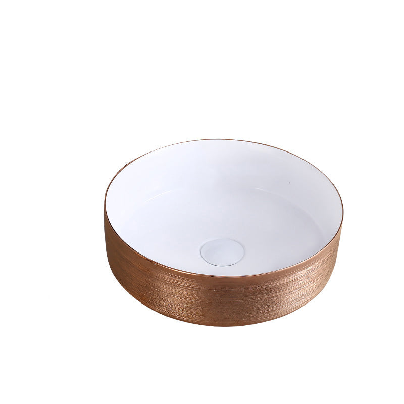 Round Bathroom Sink Contemporary Porcelain Trough Bathroom Sink 14"L x 14"W x 4"H White-Rose Gold Sink Clearhalo 'Bathroom Remodel & Bathroom Fixtures' 'Bathroom Sinks & Faucet Components' 'Bathroom Sinks' 'bathroom_sink' 'Home Improvement' 'home_improvement' 'home_improvement_bathroom_sink' 7046516
