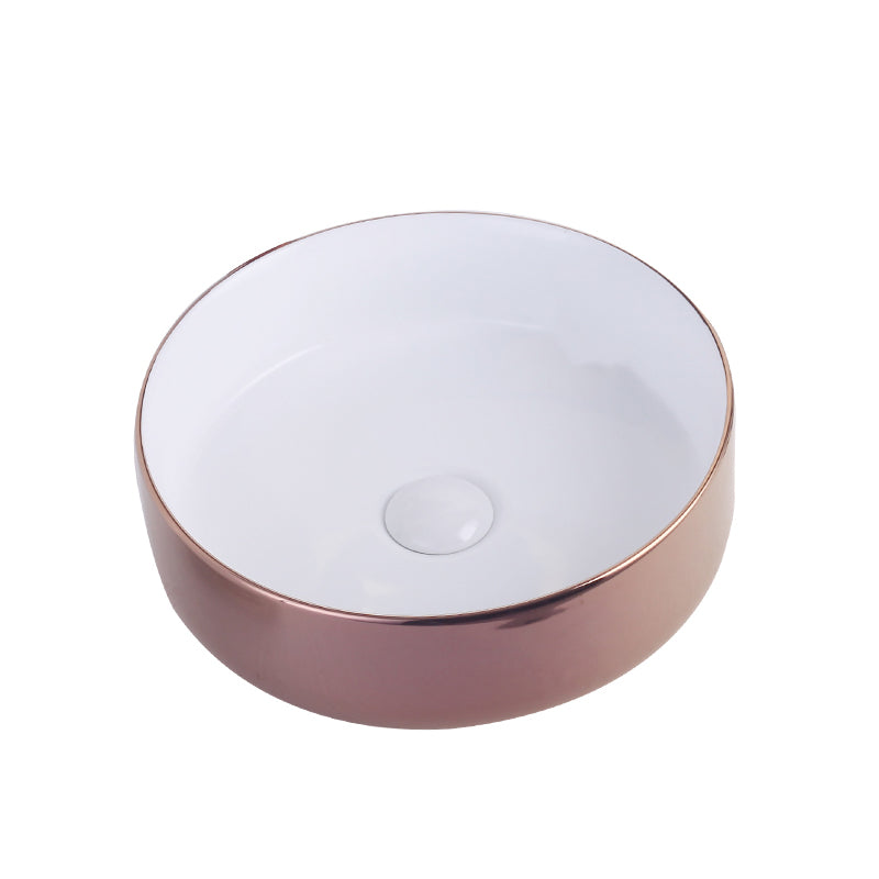 Round Bathroom Sink Contemporary Porcelain Trough Bathroom Sink 16"L x 16"W x 5"H White-Rose Gold Sink Clearhalo 'Bathroom Remodel & Bathroom Fixtures' 'Bathroom Sinks & Faucet Components' 'Bathroom Sinks' 'bathroom_sink' 'Home Improvement' 'home_improvement' 'home_improvement_bathroom_sink' 7046518
