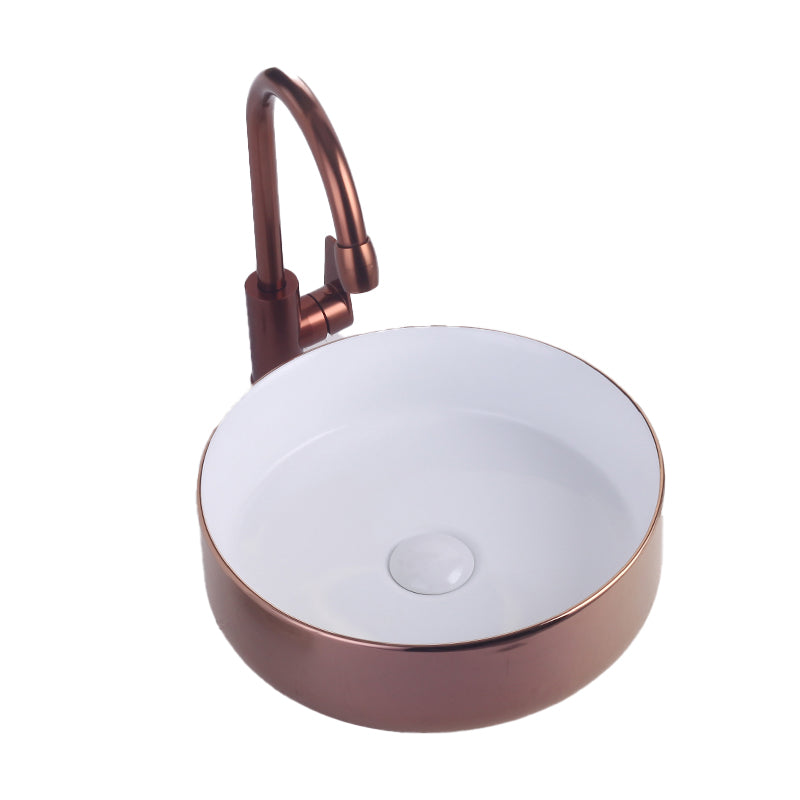 Round Bathroom Sink Contemporary Porcelain Trough Bathroom Sink 14"L x 14"W x 5"H White-Rose Gold Sink with Faucet Clearhalo 'Bathroom Remodel & Bathroom Fixtures' 'Bathroom Sinks & Faucet Components' 'Bathroom Sinks' 'bathroom_sink' 'Home Improvement' 'home_improvement' 'home_improvement_bathroom_sink' 7046519