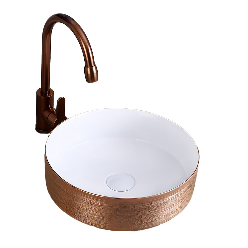 Round Bathroom Sink Contemporary Porcelain Trough Bathroom Sink 14"L x 14"W x 4"H White-Rose Gold Sink with Faucet Clearhalo 'Bathroom Remodel & Bathroom Fixtures' 'Bathroom Sinks & Faucet Components' 'Bathroom Sinks' 'bathroom_sink' 'Home Improvement' 'home_improvement' 'home_improvement_bathroom_sink' 7046520