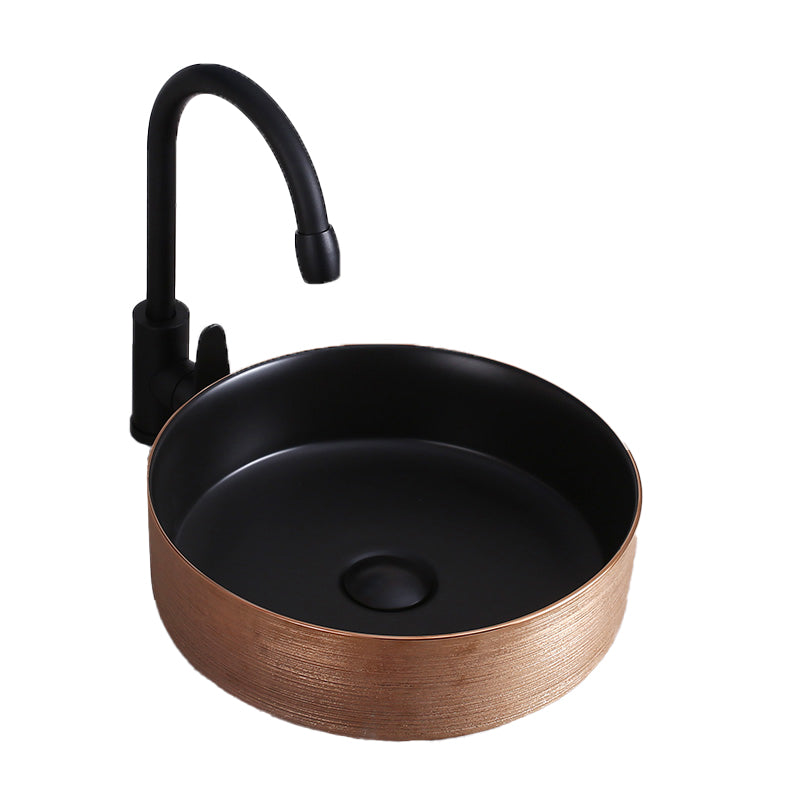Round Bathroom Sink Contemporary Porcelain Trough Bathroom Sink 14"L x 14"W x 4"H Black-Rose Gold Sink with Faucet Clearhalo 'Bathroom Remodel & Bathroom Fixtures' 'Bathroom Sinks & Faucet Components' 'Bathroom Sinks' 'bathroom_sink' 'Home Improvement' 'home_improvement' 'home_improvement_bathroom_sink' 7046522