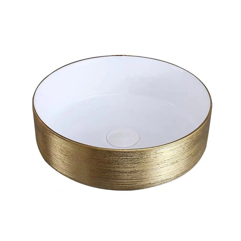 Round Bathroom Sink Contemporary Porcelain Trough Bathroom Sink 14"L x 14"W x 4"H White Gold Sink Clearhalo 'Bathroom Remodel & Bathroom Fixtures' 'Bathroom Sinks & Faucet Components' 'Bathroom Sinks' 'bathroom_sink' 'Home Improvement' 'home_improvement' 'home_improvement_bathroom_sink' 7046523