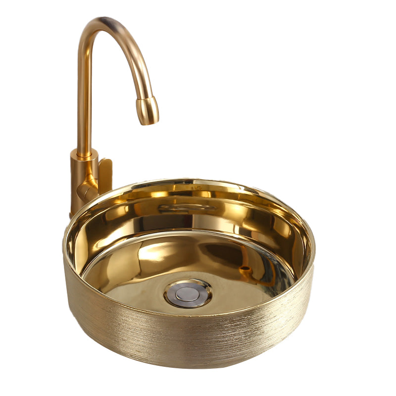 Round Bathroom Sink Contemporary Porcelain Trough Bathroom Sink 14"L x 14"W x 4"H Champagne Gold Sink with Faucet Clearhalo 'Bathroom Remodel & Bathroom Fixtures' 'Bathroom Sinks & Faucet Components' 'Bathroom Sinks' 'bathroom_sink' 'Home Improvement' 'home_improvement' 'home_improvement_bathroom_sink' 7046524