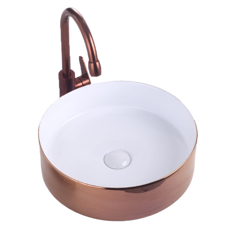 Round Bathroom Sink Contemporary Porcelain Trough Bathroom Sink 16"L x 16"W x 5"H White-Rose Gold Sink with Faucet Clearhalo 'Bathroom Remodel & Bathroom Fixtures' 'Bathroom Sinks & Faucet Components' 'Bathroom Sinks' 'bathroom_sink' 'Home Improvement' 'home_improvement' 'home_improvement_bathroom_sink' 7046525