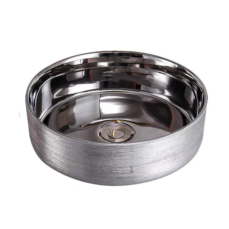 Round Bathroom Sink Contemporary Porcelain Trough Bathroom Sink 14"L x 14"W x 4"H Silver Sink Clearhalo 'Bathroom Remodel & Bathroom Fixtures' 'Bathroom Sinks & Faucet Components' 'Bathroom Sinks' 'bathroom_sink' 'Home Improvement' 'home_improvement' 'home_improvement_bathroom_sink' 7046526