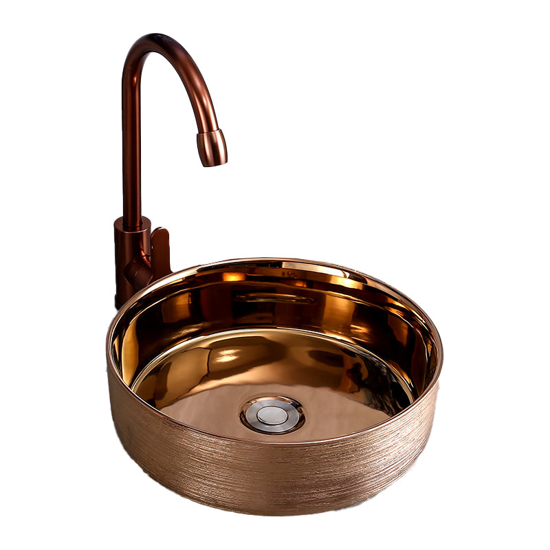 Round Bathroom Sink Contemporary Porcelain Trough Bathroom Sink 14"L x 14"W x 4"H Rose Gold Sink with Faucet Clearhalo 'Bathroom Remodel & Bathroom Fixtures' 'Bathroom Sinks & Faucet Components' 'Bathroom Sinks' 'bathroom_sink' 'Home Improvement' 'home_improvement' 'home_improvement_bathroom_sink' 7046527