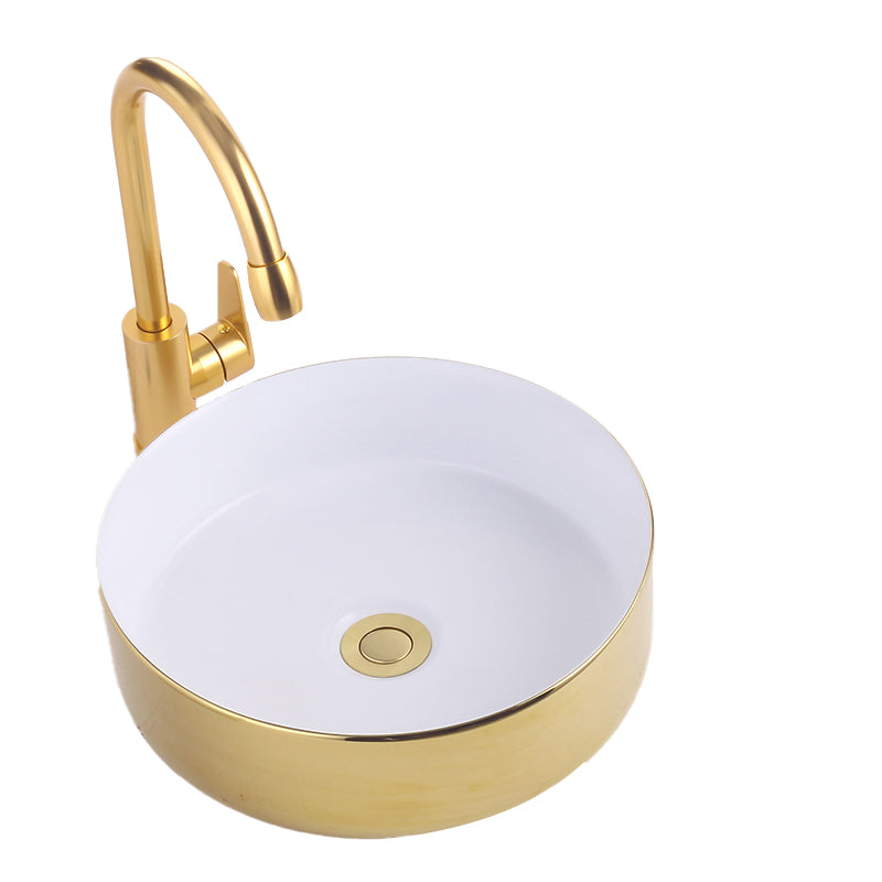 Round Bathroom Sink Contemporary Porcelain Trough Bathroom Sink 14"L x 14"W x 5"H White/ Gold Sink with Faucet Clearhalo 'Bathroom Remodel & Bathroom Fixtures' 'Bathroom Sinks & Faucet Components' 'Bathroom Sinks' 'bathroom_sink' 'Home Improvement' 'home_improvement' 'home_improvement_bathroom_sink' 7046528