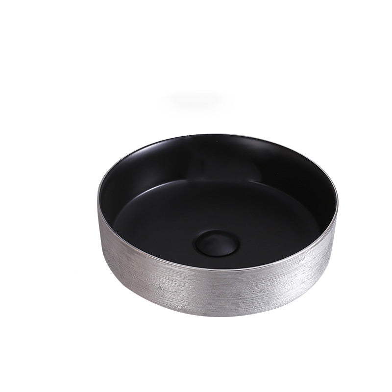 Round Bathroom Sink Contemporary Porcelain Trough Bathroom Sink 14"L x 14"W x 4"H Black-Silver Sink Clearhalo 'Bathroom Remodel & Bathroom Fixtures' 'Bathroom Sinks & Faucet Components' 'Bathroom Sinks' 'bathroom_sink' 'Home Improvement' 'home_improvement' 'home_improvement_bathroom_sink' 7046530