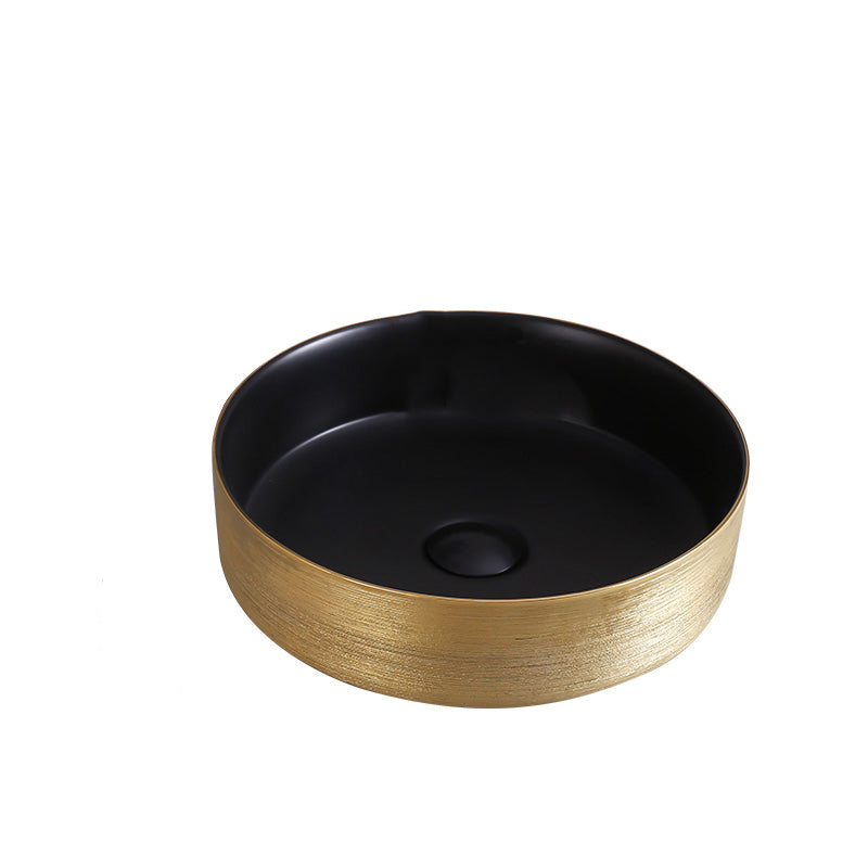 Round Bathroom Sink Contemporary Porcelain Trough Bathroom Sink 14"L x 14"W x 4"H Black Gold Sink Clearhalo 'Bathroom Remodel & Bathroom Fixtures' 'Bathroom Sinks & Faucet Components' 'Bathroom Sinks' 'bathroom_sink' 'Home Improvement' 'home_improvement' 'home_improvement_bathroom_sink' 7046531
