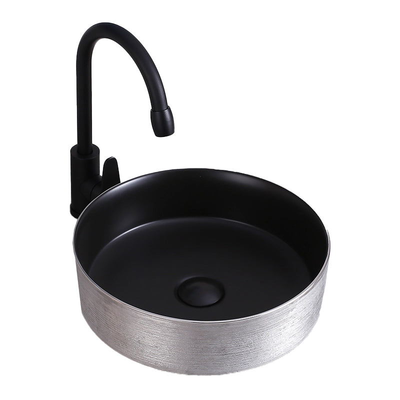 Round Bathroom Sink Contemporary Porcelain Trough Bathroom Sink 14"L x 14"W x 4"H Black-Silver Sink with Faucet Clearhalo 'Bathroom Remodel & Bathroom Fixtures' 'Bathroom Sinks & Faucet Components' 'Bathroom Sinks' 'bathroom_sink' 'Home Improvement' 'home_improvement' 'home_improvement_bathroom_sink' 7046533