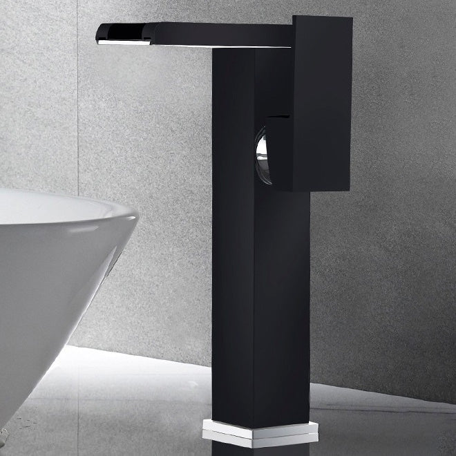 Vanity Sink Faucet Waterfall Spout Single Handle Faucet with LED Light Black 9.4" Led Lights Included Clearhalo 'Bathroom Remodel & Bathroom Fixtures' 'Bathroom Sink Faucets' 'Bathroom Sinks & Faucet Components' 'bathroom_sink_faucets' 'Home Improvement' 'home_improvement' 'home_improvement_bathroom_sink_faucets' 7050622