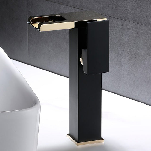 Vanity Sink Faucet Waterfall Spout Single Handle Faucet with LED Light Black-Gold 9.4" Led Lights Included Clearhalo 'Bathroom Remodel & Bathroom Fixtures' 'Bathroom Sink Faucets' 'Bathroom Sinks & Faucet Components' 'bathroom_sink_faucets' 'Home Improvement' 'home_improvement' 'home_improvement_bathroom_sink_faucets' 7050625