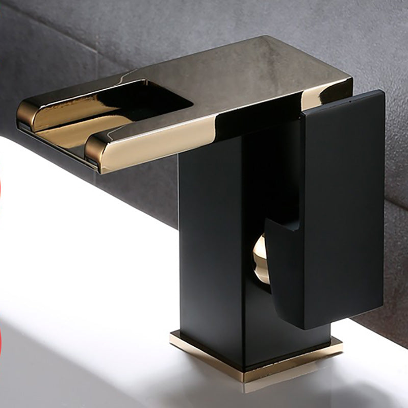 Vanity Sink Faucet Waterfall Spout Single Handle Faucet with LED Light Black-Gold 4.9" Led Lights Included Clearhalo 'Bathroom Remodel & Bathroom Fixtures' 'Bathroom Sink Faucets' 'Bathroom Sinks & Faucet Components' 'bathroom_sink_faucets' 'Home Improvement' 'home_improvement' 'home_improvement_bathroom_sink_faucets' 7050640