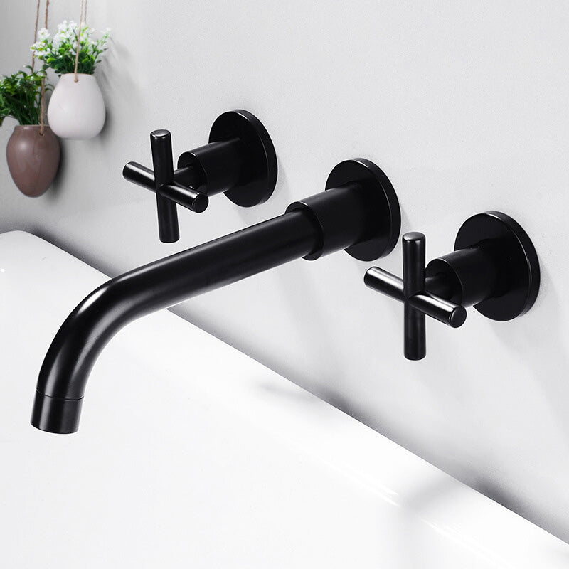Modern Widespread Wall Mounted Bathroom Sink Faucet Cross Handles Widespread Sink Faucet Black Clearhalo 'Bathroom Remodel & Bathroom Fixtures' 'Bathroom Sink Faucets' 'Bathroom Sinks & Faucet Components' 'bathroom_sink_faucets' 'Home Improvement' 'home_improvement' 'home_improvement_bathroom_sink_faucets' 7050672