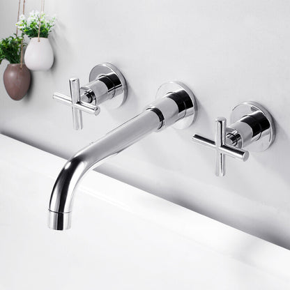 Modern Widespread Wall Mounted Bathroom Sink Faucet Cross Handles Widespread Sink Faucet Chrome Clearhalo 'Bathroom Remodel & Bathroom Fixtures' 'Bathroom Sink Faucets' 'Bathroom Sinks & Faucet Components' 'bathroom_sink_faucets' 'Home Improvement' 'home_improvement' 'home_improvement_bathroom_sink_faucets' 7050675