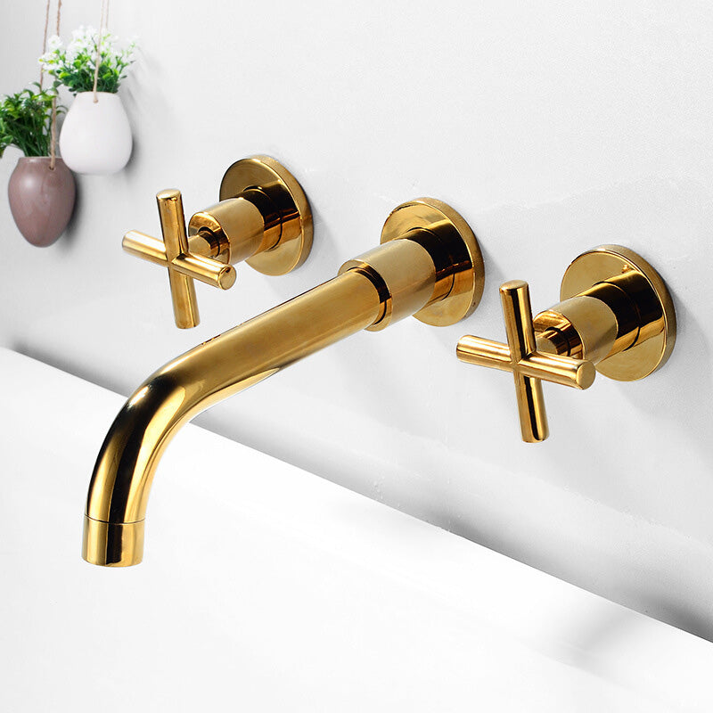 Modern Widespread Wall Mounted Bathroom Sink Faucet Cross Handles Widespread Sink Faucet Gold Clearhalo 'Bathroom Remodel & Bathroom Fixtures' 'Bathroom Sink Faucets' 'Bathroom Sinks & Faucet Components' 'bathroom_sink_faucets' 'Home Improvement' 'home_improvement' 'home_improvement_bathroom_sink_faucets' 7050677