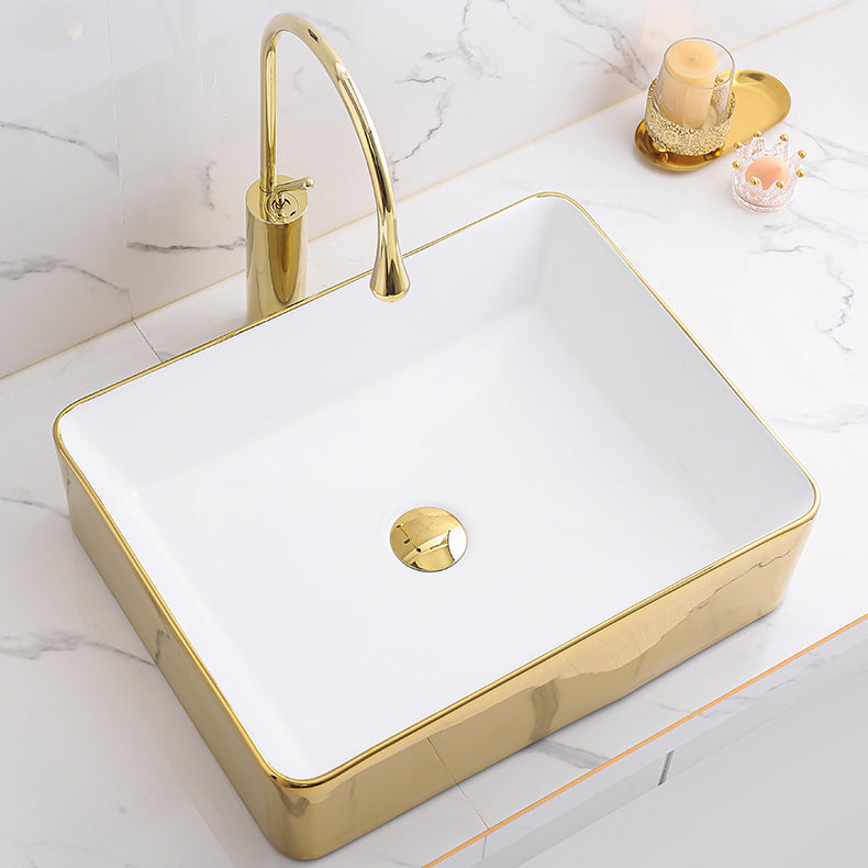 Gold Bathroom Sink Faucet Contemporary Vitreous China Vessel Sink with Pop-Up Drain Clearhalo 'Bathroom Remodel & Bathroom Fixtures' 'Bathroom Sinks & Faucet Components' 'Bathroom Sinks' 'bathroom_sink' 'Home Improvement' 'home_improvement' 'home_improvement_bathroom_sink' 7050920