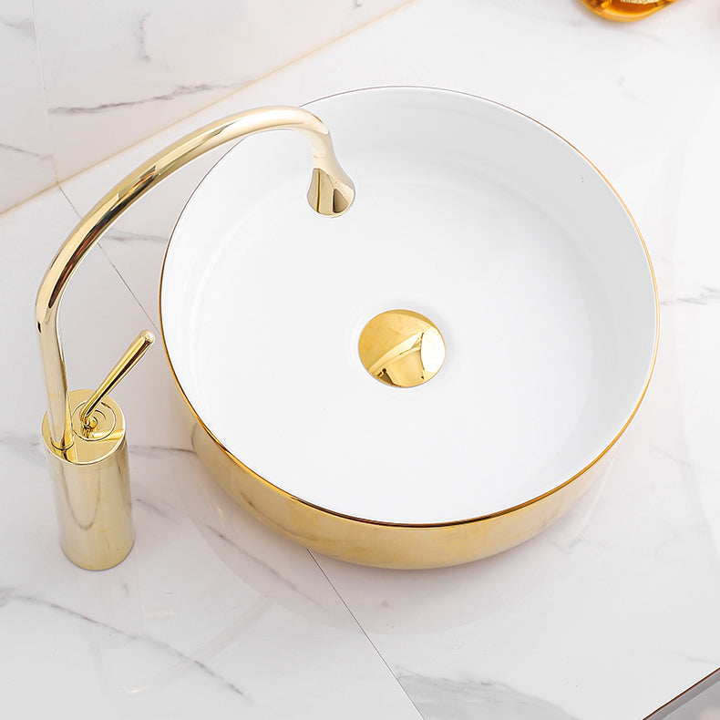 Gold Bathroom Sink Faucet Contemporary Vitreous China Vessel Sink with Pop-Up Drain Clearhalo 'Bathroom Remodel & Bathroom Fixtures' 'Bathroom Sinks & Faucet Components' 'Bathroom Sinks' 'bathroom_sink' 'Home Improvement' 'home_improvement' 'home_improvement_bathroom_sink' 7050923