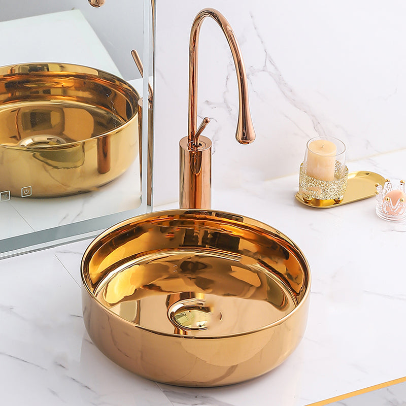 Gold Bathroom Sink Faucet Contemporary Vitreous China Vessel Sink with Pop-Up Drain 16"L x 16"W x 5"H Rose Gold Sink with Faucet Clearhalo 'Bathroom Remodel & Bathroom Fixtures' 'Bathroom Sinks & Faucet Components' 'Bathroom Sinks' 'bathroom_sink' 'Home Improvement' 'home_improvement' 'home_improvement_bathroom_sink' 7050927