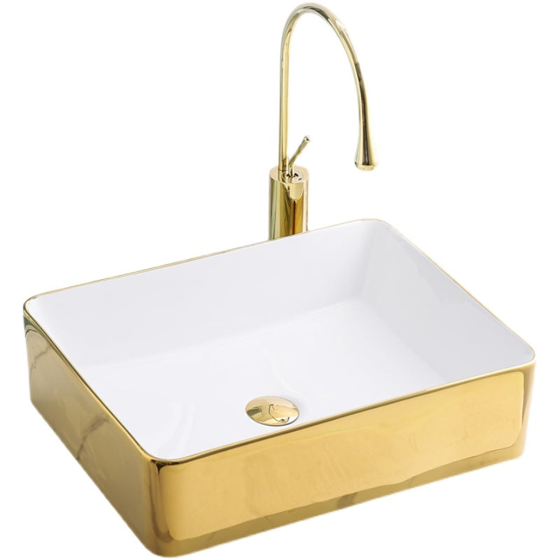 Gold Bathroom Sink Faucet Contemporary Vitreous China Vessel Sink with Pop-Up Drain Clearhalo 'Bathroom Remodel & Bathroom Fixtures' 'Bathroom Sinks & Faucet Components' 'Bathroom Sinks' 'bathroom_sink' 'Home Improvement' 'home_improvement' 'home_improvement_bathroom_sink' 7050929