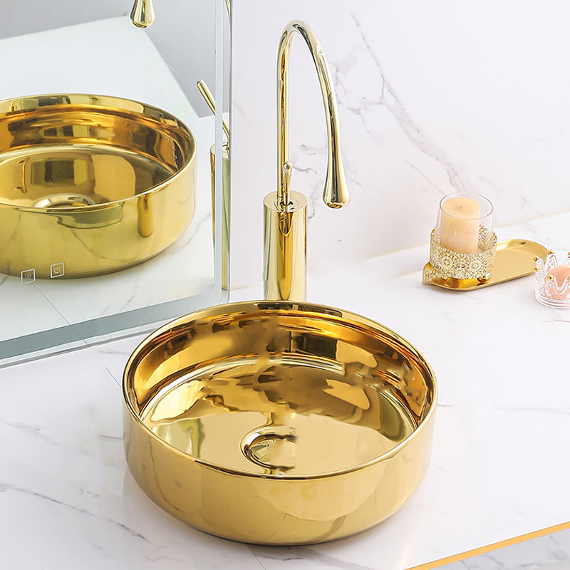 Gold Bathroom Sink Faucet Contemporary Vitreous China Vessel Sink with Pop-Up Drain 16"L x 16"W x 5"H Champagne Gold Sink with Faucet Clearhalo 'Bathroom Remodel & Bathroom Fixtures' 'Bathroom Sinks & Faucet Components' 'Bathroom Sinks' 'bathroom_sink' 'Home Improvement' 'home_improvement' 'home_improvement_bathroom_sink' 7050932