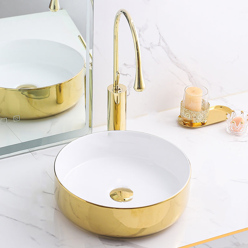 Gold Bathroom Sink Faucet Contemporary Vitreous China Vessel Sink with Pop-Up Drain 14"L x 14"W x 5"H Gold-White Sink with Faucet Clearhalo 'Bathroom Remodel & Bathroom Fixtures' 'Bathroom Sinks & Faucet Components' 'Bathroom Sinks' 'bathroom_sink' 'Home Improvement' 'home_improvement' 'home_improvement_bathroom_sink' 7050933