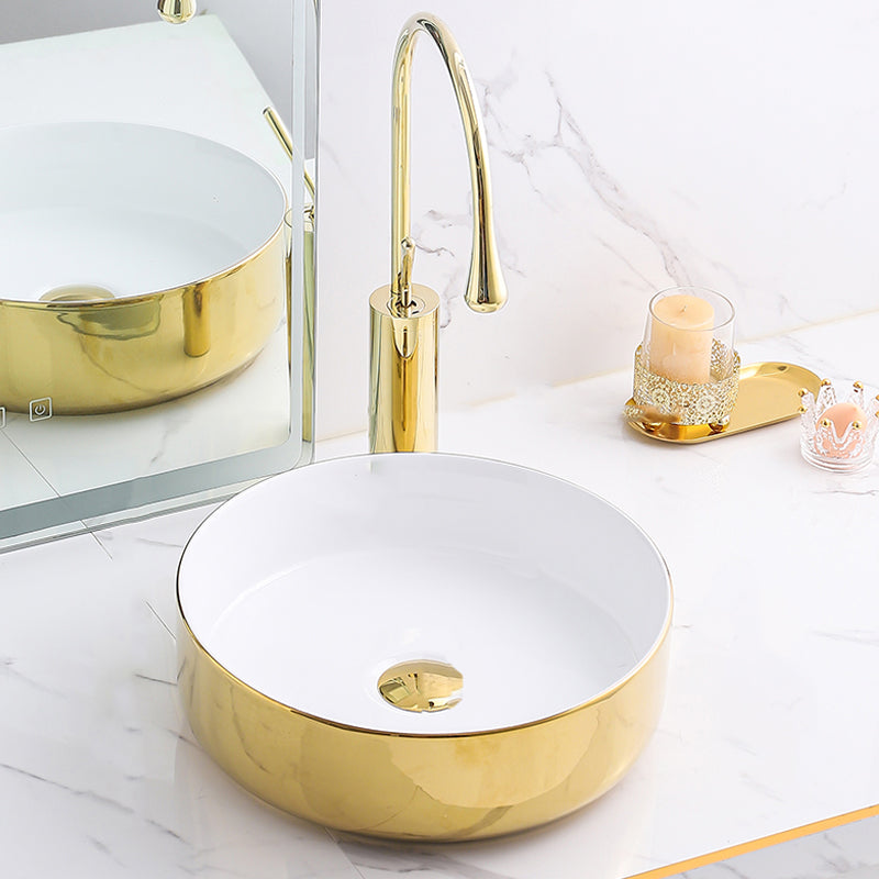 Gold Bathroom Sink Faucet Contemporary Vitreous China Vessel Sink with Pop-Up Drain 16"L x 16"W x 5"H Gold-White Sink with Faucet Clearhalo 'Bathroom Remodel & Bathroom Fixtures' 'Bathroom Sinks & Faucet Components' 'Bathroom Sinks' 'bathroom_sink' 'Home Improvement' 'home_improvement' 'home_improvement_bathroom_sink' 7050934