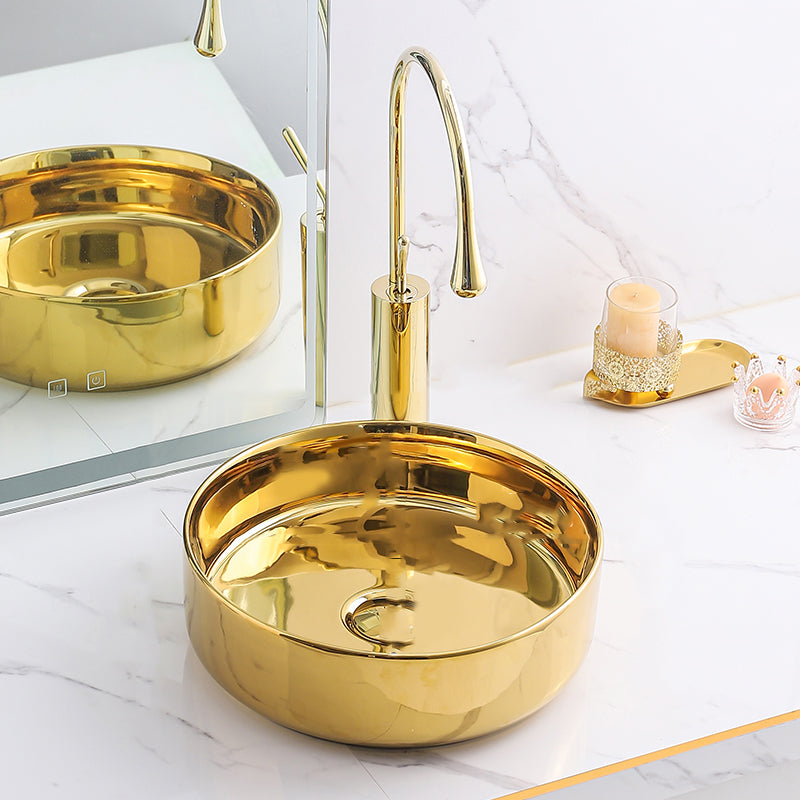 Gold Bathroom Sink Faucet Contemporary Vitreous China Vessel Sink with Pop-Up Drain 14"L x 14"W x 5"H Champagne Gold Sink with Faucet Clearhalo 'Bathroom Remodel & Bathroom Fixtures' 'Bathroom Sinks & Faucet Components' 'Bathroom Sinks' 'bathroom_sink' 'Home Improvement' 'home_improvement' 'home_improvement_bathroom_sink' 7050935