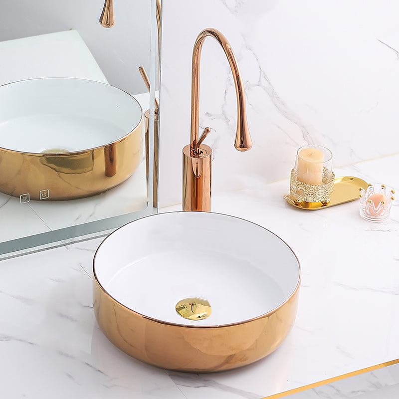 Gold Bathroom Sink Faucet Contemporary Vitreous China Vessel Sink with Pop-Up Drain 14"L x 14"W x 5"H White-Rose Gold Sink with Faucet Clearhalo 'Bathroom Remodel & Bathroom Fixtures' 'Bathroom Sinks & Faucet Components' 'Bathroom Sinks' 'bathroom_sink' 'Home Improvement' 'home_improvement' 'home_improvement_bathroom_sink' 7050936