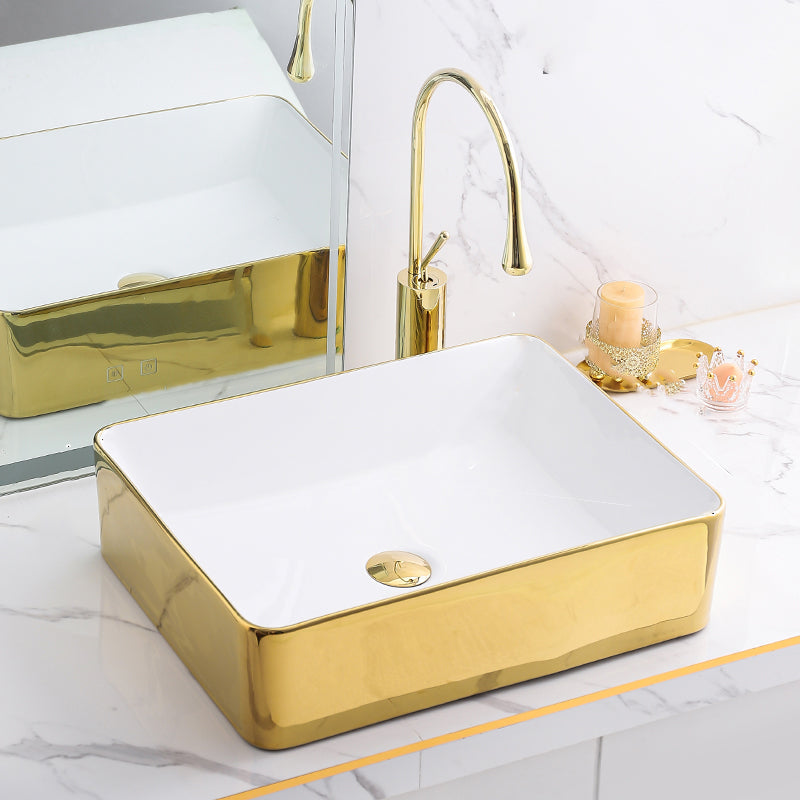 Gold Bathroom Sink Faucet Contemporary Vitreous China Vessel Sink with Pop-Up Drain 20"L x 16"W x 6"H Gold-White Sink with Faucet Clearhalo 'Bathroom Remodel & Bathroom Fixtures' 'Bathroom Sinks & Faucet Components' 'Bathroom Sinks' 'bathroom_sink' 'Home Improvement' 'home_improvement' 'home_improvement_bathroom_sink' 7050939