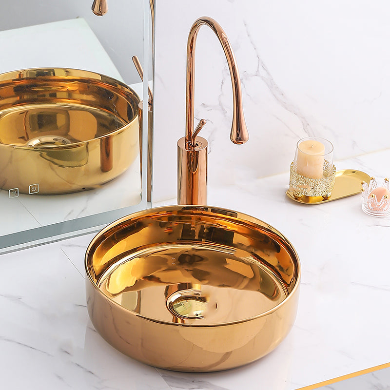 Gold Bathroom Sink Faucet Contemporary Vitreous China Vessel Sink with Pop-Up Drain 14"L x 14"W x 5"H Rose Gold Sink with Faucet Clearhalo 'Bathroom Remodel & Bathroom Fixtures' 'Bathroom Sinks & Faucet Components' 'Bathroom Sinks' 'bathroom_sink' 'Home Improvement' 'home_improvement' 'home_improvement_bathroom_sink' 7050944
