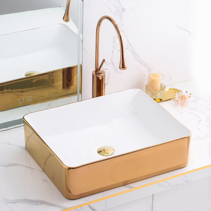 Gold Bathroom Sink Faucet Contemporary Vitreous China Vessel Sink with Pop-Up Drain 20"L x 16"W x 6"H White-Rose Gold Sink with Faucet Clearhalo 'Bathroom Remodel & Bathroom Fixtures' 'Bathroom Sinks & Faucet Components' 'Bathroom Sinks' 'bathroom_sink' 'Home Improvement' 'home_improvement' 'home_improvement_bathroom_sink' 7050946