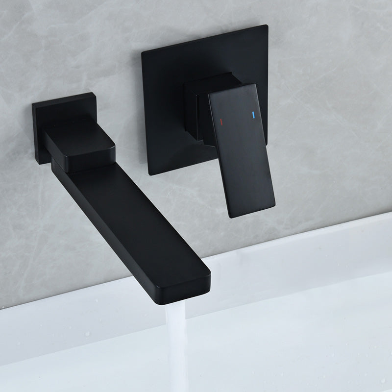 Contemporary Widespread Wall Mounted Bathroom Sink Faucet Swivel Spout Black Embedded Box Not Included Clearhalo 'Bathroom Remodel & Bathroom Fixtures' 'Bathroom Sink Faucets' 'Bathroom Sinks & Faucet Components' 'bathroom_sink_faucets' 'Home Improvement' 'home_improvement' 'home_improvement_bathroom_sink_faucets' 7062945