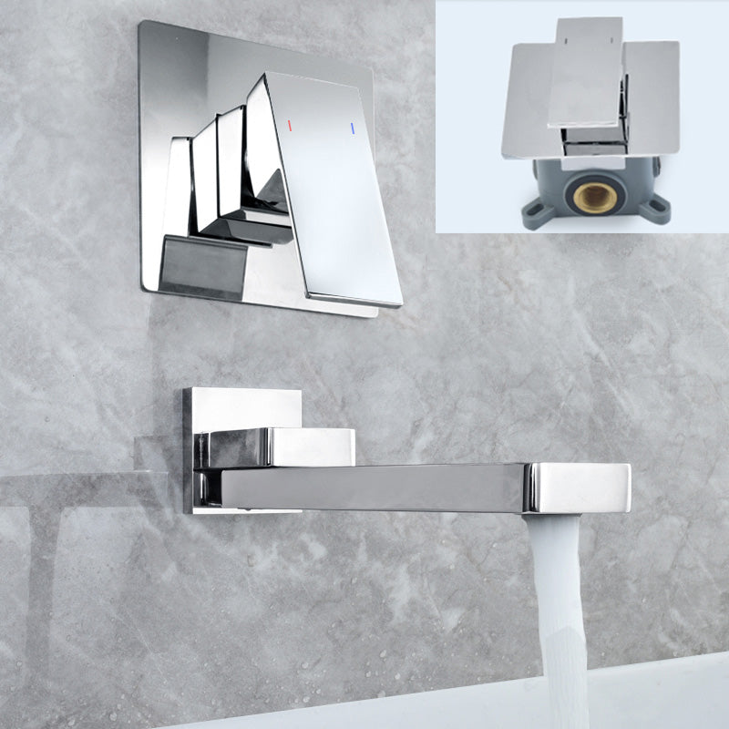 Contemporary Widespread Wall Mounted Bathroom Sink Faucet Swivel Spout Chrome Embedded Box Included Clearhalo 'Bathroom Remodel & Bathroom Fixtures' 'Bathroom Sink Faucets' 'Bathroom Sinks & Faucet Components' 'bathroom_sink_faucets' 'Home Improvement' 'home_improvement' 'home_improvement_bathroom_sink_faucets' 7062947