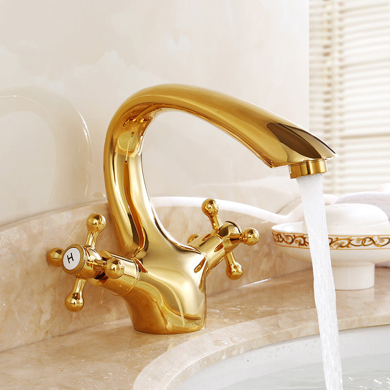 Industrial Centerset Bathroom Sink Faucet Vintage Cross Handles Lavatory Faucet Gold 6.5" Clearhalo 'Bathroom Remodel & Bathroom Fixtures' 'Bathroom Sink Faucets' 'Bathroom Sinks & Faucet Components' 'bathroom_sink_faucets' 'Home Improvement' 'home_improvement' 'home_improvement_bathroom_sink_faucets' 7062961