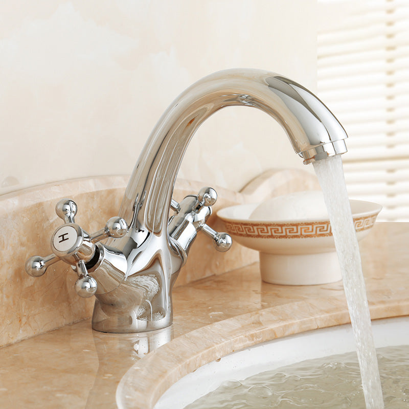 Industrial Centerset Bathroom Sink Faucet Vintage Cross Handles Lavatory Faucet Silver 5.9" Clearhalo 'Bathroom Remodel & Bathroom Fixtures' 'Bathroom Sink Faucets' 'Bathroom Sinks & Faucet Components' 'bathroom_sink_faucets' 'Home Improvement' 'home_improvement' 'home_improvement_bathroom_sink_faucets' 7062967