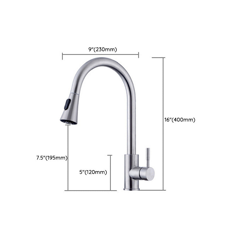 1-Hole Kitchen Faucet Stainless Steel Pull down Sprayer Kitchen Faucet Clearhalo 'Home Improvement' 'home_improvement' 'home_improvement_kitchen_faucets' 'Kitchen Faucets' 'Kitchen Remodel & Kitchen Fixtures' 'Kitchen Sinks & Faucet Components' 'kitchen_faucets' 7063064