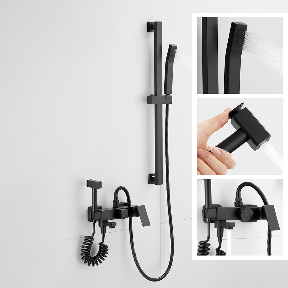 Black Wall Mounted Shower Head Combo Modern Metal Shower System Clearhalo 'Bathroom Remodel & Bathroom Fixtures' 'Home Improvement' 'home_improvement' 'home_improvement_shower_faucets' 'Shower Faucets & Systems' 'shower_faucets' 'Showers & Bathtubs Plumbing' 'Showers & Bathtubs' 7063128