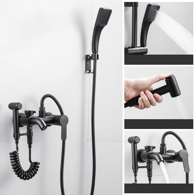 Black Wall Mounted Shower Head Combo Modern Metal Shower System Black Square Slide Bar Not Included Clearhalo 'Bathroom Remodel & Bathroom Fixtures' 'Home Improvement' 'home_improvement' 'home_improvement_shower_faucets' 'Shower Faucets & Systems' 'shower_faucets' 'Showers & Bathtubs Plumbing' 'Showers & Bathtubs' 7063129