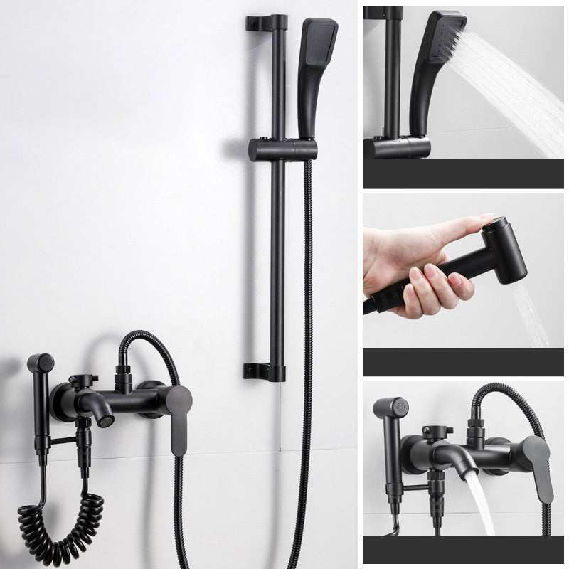 Black Wall Mounted Shower Head Combo Modern Metal Shower System Black Square Slide Bar Included Clearhalo 'Bathroom Remodel & Bathroom Fixtures' 'Home Improvement' 'home_improvement' 'home_improvement_shower_faucets' 'Shower Faucets & Systems' 'shower_faucets' 'Showers & Bathtubs Plumbing' 'Showers & Bathtubs' 7063130