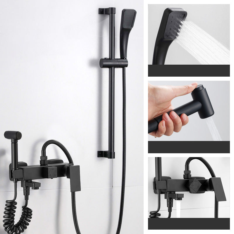 Black Wall Mounted Shower Head Combo Modern Metal Shower System Black Rectangle Slide Bar Included Clearhalo 'Bathroom Remodel & Bathroom Fixtures' 'Home Improvement' 'home_improvement' 'home_improvement_shower_faucets' 'Shower Faucets & Systems' 'shower_faucets' 'Showers & Bathtubs Plumbing' 'Showers & Bathtubs' 7063138